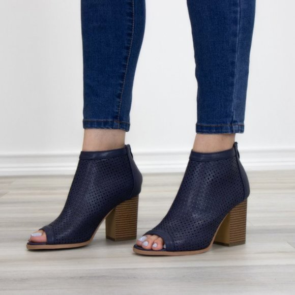 Navy Perforated Heeled Open Toe Ankle Boots - Picture 5 of 10
